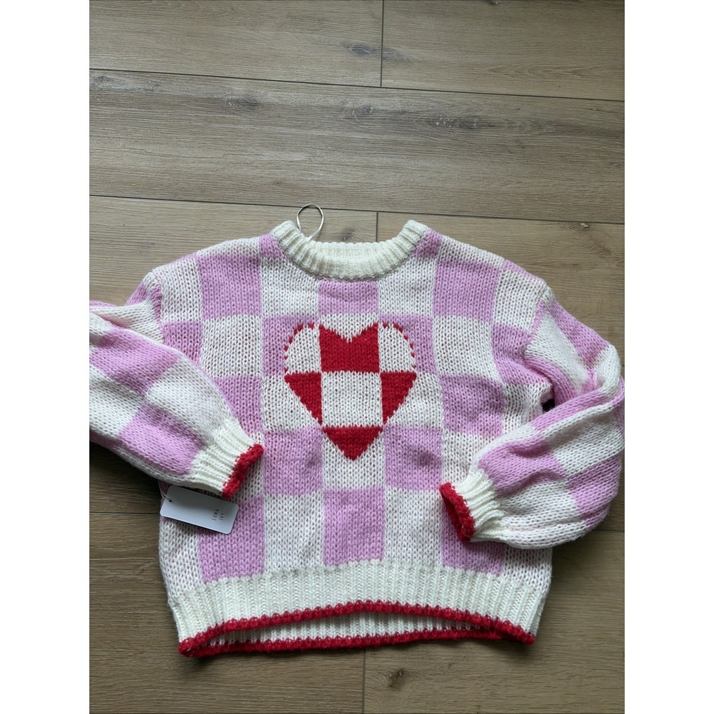 Luna Ivy NWT Women's Pink/White Checkered Long Sleeve Heart Sweater Size Medium